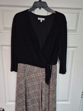 Robbie Bee Black Wrap Dress with Plaid Midi Skirt